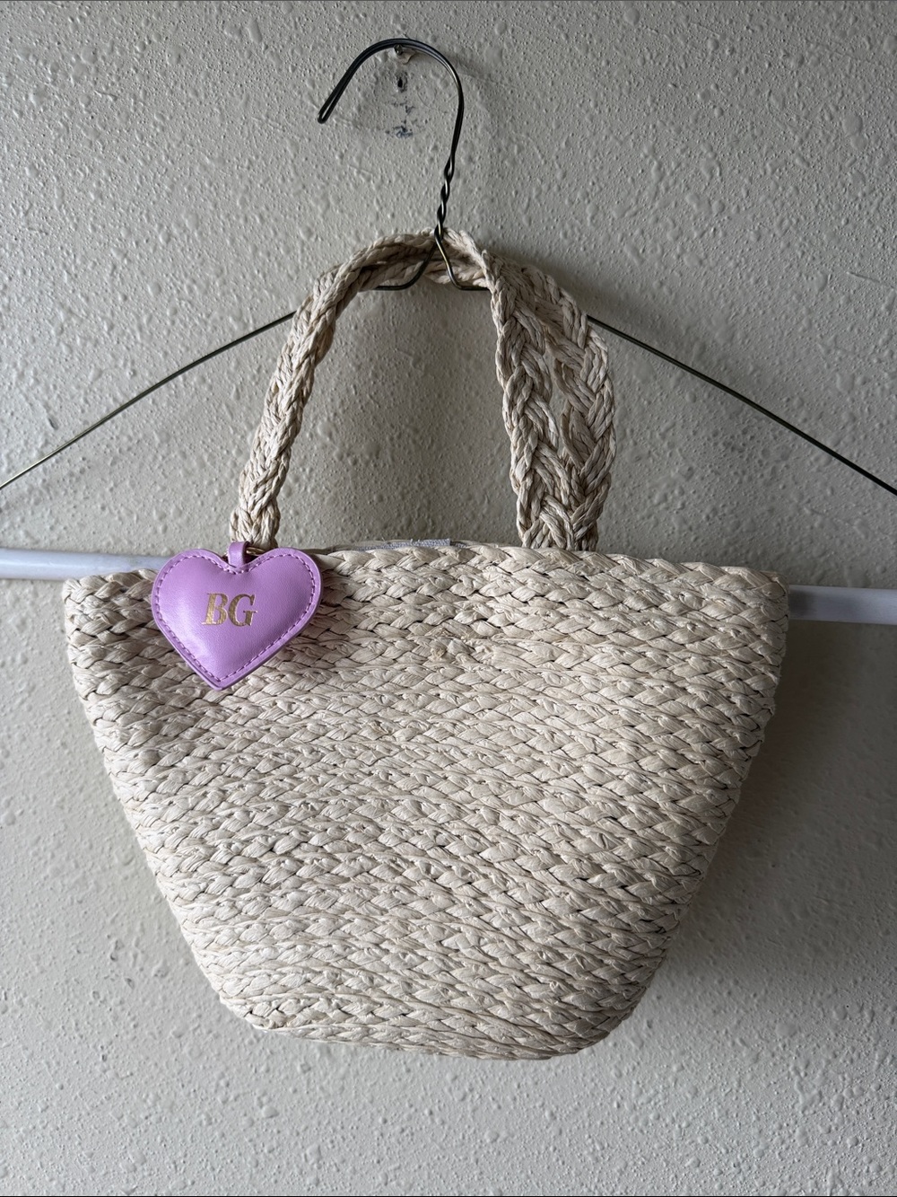 Miss KG Natural Straw Tote with Pink Heart Tag